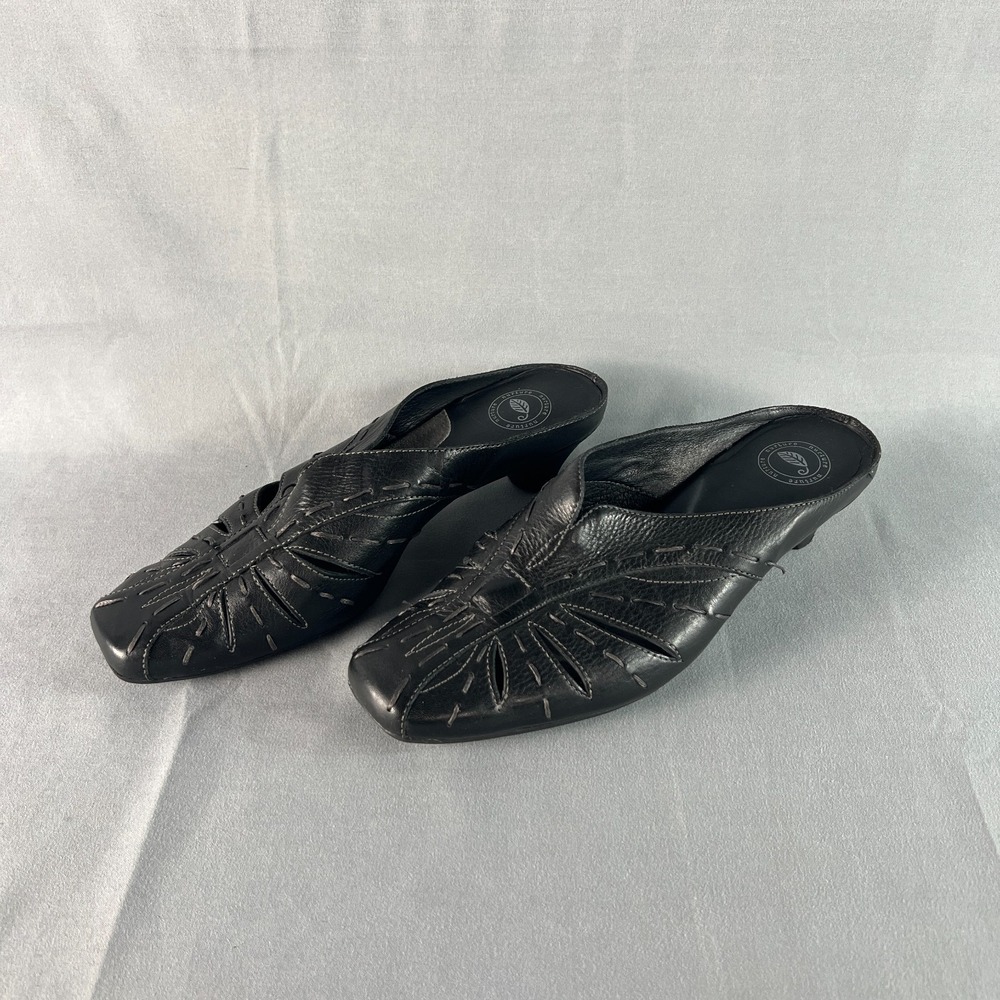 Nurture Lafayette Mules Womens US 7 M Black Leather Comfort Slip On Kitten Heel